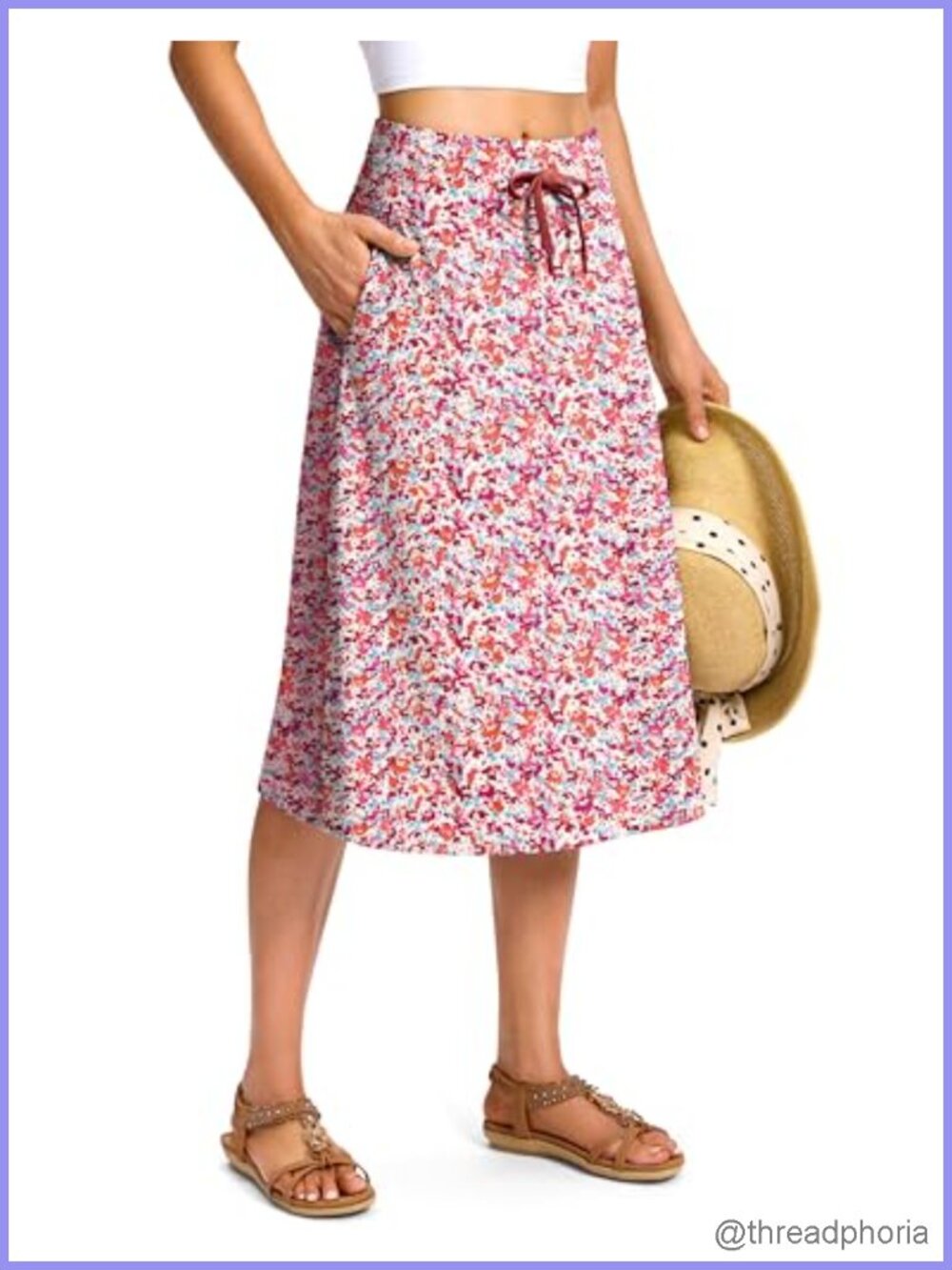 High Waisted Midi Skort with Pockets, Drawstring, 28 Inch, Lightweight Stretch